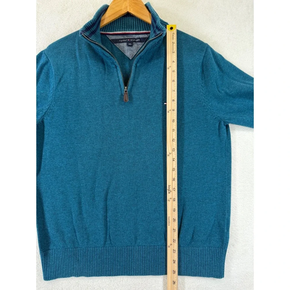 Tommy Hilfiger Mens Teal Blue Heather 1/4 Zip Cotton Pullover Sweater L